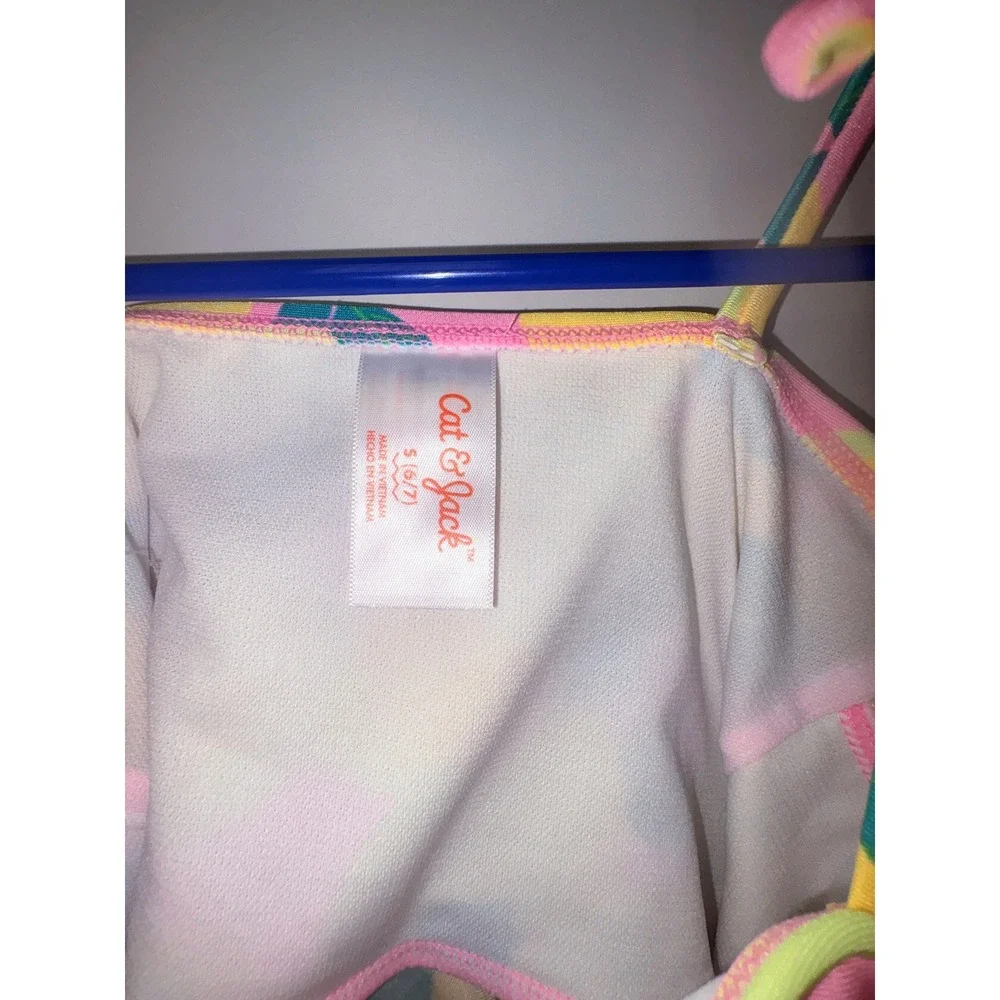 Cat & Jack Girls Lemon Print Tankini Swim Top Yellow Pink Size S 6-7 NWT